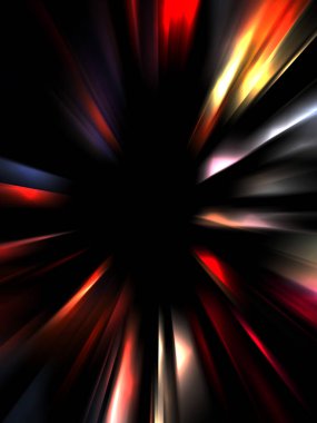 Siyah arkaplanda izole edilmiş dinamik ışık ışınları. Parlayan renkli ışık parçacıklarının grafiksel 2d çizimi.