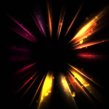 Işık huzmeleri ve parlayan parçacıkların kesiştiği güzel bir zemin. Canlı renkli ışıkların duvar kâğıdı. Parlak ışık görüntüsü.