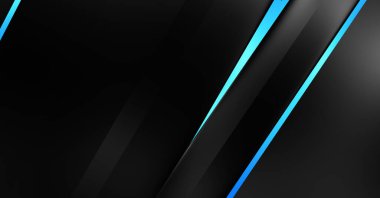 Metin için kopyalama alanı olan soyut siyah paneller. Üç boyutlu illüstrasyon. Renkli ışık özellikli koyu renk tasarım şablonu. Zarif geometrik parlak çizgili arka plan. Minimalist geometrik kapak grafiği.