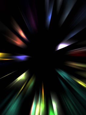 Siyah arkaplanda izole edilmiş dinamik ışık ışınları. Parlayan renkli ışık parçacıklarının grafiksel 2d çizimi.