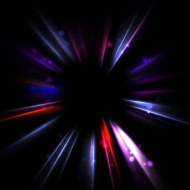 Işık huzmeleri ve parlayan parçacıkların kesiştiği güzel bir zemin. Canlı renkli ışıkların duvar kâğıdı. Parlak ışık görüntüsü.