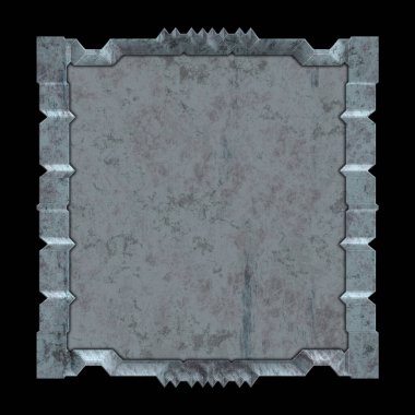 Gelecekçi tasarım şablonu. Metal paslı tabak menüsü. Teknoloji afişi beyaz arkaplanda izole edildi. Bilim kurgu elemanı grafiği. Metalik paslanmış 3 boyutlu illüstrasyon.  