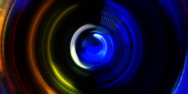 Fotoğraf makinesi konsepti. Soyut arkaplan. Dönen ışık ışınları. Hareketli kavramsal duvar kağıdı. Grafik dijital illüstrasyon. Parlayan neon ışıkları. Parlak sunum tasarım şablonu.