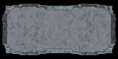 Gelecekçi tasarım şablonu. Metal paslı tabak menüsü. Teknoloji afişi beyaz arkaplanda izole edildi. Bilim kurgu elemanı grafiği. Metalik paslanmış 3 boyutlu illüstrasyon.  