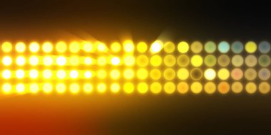 Parlak desenli duvar kağıdı. Sahne ışıkları olan renkli ışıkların ihtişamlı arkaplanı. Parlayan ışıklar siyah arka planda parti izleri. Sahne veya stadyum ışıklarının dijital illüstrasyonu. 