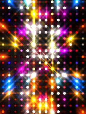 Parlayan ışıklar siyah arka planda parti izleri. Sahne veya stadyum ışıklarının dijital illüstrasyonu. Parlak desenli duvar kağıdı. Sahne ışıkları ile renkli ışıkların ihtişamlı arkaplanı.