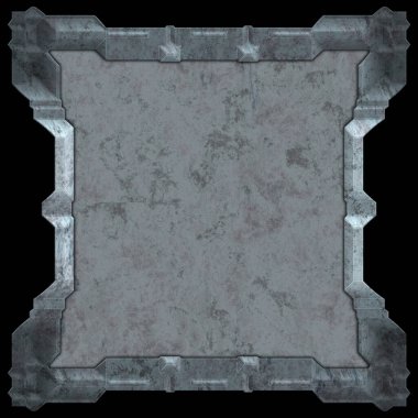 Gelecekçi tasarım şablonu. Metal paslı tabak menüsü. Teknoloji afişi beyaz arkaplanda izole edildi. Bilim kurgu elemanı grafiği. Metalik paslanmış 3 boyutlu illüstrasyon.  