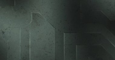 Çukur SciFi panelleri duvar. Üç boyutlu illüstrasyon. Gelecekçi kavramsal tasarım arka planı. Uzay gemisi desenli duvar kağıdı. Fırçalanmış teknoloji desen yüzeyi. 