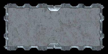 Gelecekçi tasarım şablonu. Metal paslı tabak menüsü. Teknoloji afişi beyaz arkaplanda izole edildi. Bilim kurgu elemanı grafiği. Metalik paslanmış 3 boyutlu illüstrasyon.  