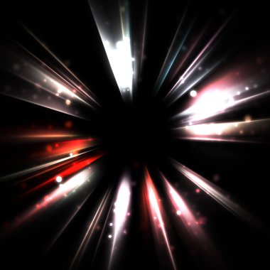 Işık huzmeleri ve parlayan parçacıkların kesiştiği güzel bir zemin. Canlı renkli ışıkların duvar kâğıdı. Parlak ışık görüntüsü.