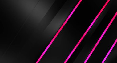 Metin için kopyalama alanı olan soyut siyah paneller. Üç boyutlu illüstrasyon. Renkli ışık özellikli koyu renk tasarım şablonu. Zarif geometrik parlak çizgili arka plan. Minimalist geometrik kapak grafiği.