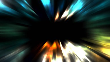 Siyah arkaplanda izole edilmiş dinamik ışık ışınları. Parlayan renkli ışık parçacıklarının grafiksel 2d çizimi.