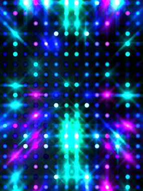 Parlayan ışıklar siyah arka planda parti izleri. Sahne veya stadyum ışıklarının dijital illüstrasyonu. Parlak desenli duvar kağıdı. Sahne ışıkları ile renkli ışıkların ihtişamlı arkaplanı.