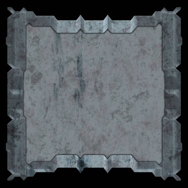 Gelecekçi tasarım şablonu. Metal paslı tabak menüsü. Teknoloji afişi beyaz arkaplanda izole edildi. Bilim kurgu elemanı grafiği. Metalik paslanmış 3 boyutlu illüstrasyon.  