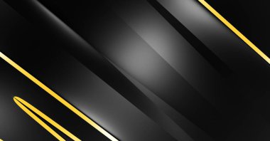 Metin için kopyalama alanı olan soyut siyah paneller. Üç boyutlu illüstrasyon. Renkli ışık özellikli koyu renk tasarım şablonu. Zarif geometrik parlak çizgili arka plan. Minimalist geometrik kapak grafiği.