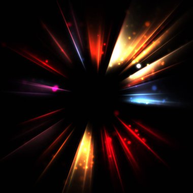 Işık huzmeleri ve parlayan parçacıkların kesiştiği güzel bir zemin. Canlı renkli ışıkların duvar kâğıdı. Parlak ışık görüntüsü.