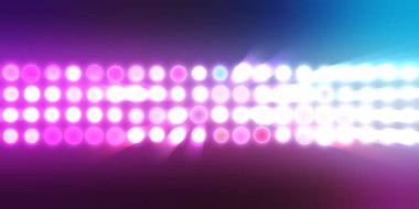 Parlak desenli duvar kağıdı. Sahne ışıkları olan renkli ışıkların ihtişamlı arkaplanı. Parlayan ışıklar siyah arka planda parti izleri. Sahne veya stadyum ışıklarının dijital illüstrasyonu. 