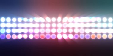 Parlak desenli duvar kağıdı. Sahne ışıkları olan renkli ışıkların ihtişamlı arkaplanı. Parlayan ışıklar siyah arka planda parti izleri. Sahne veya stadyum ışıklarının dijital illüstrasyonu. 