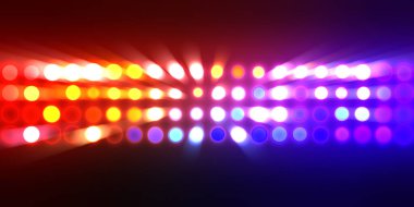 Parlak desenli duvar kağıdı. Sahne ışıkları olan renkli ışıkların ihtişamlı arkaplanı. Parlayan ışıklar siyah arka planda parti izleri. Sahne veya stadyum ışıklarının dijital illüstrasyonu. 
