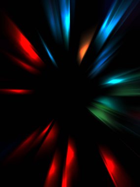 Siyah arkaplanda izole edilmiş dinamik ışık ışınları. Parlayan renkli ışık parçacıklarının grafiksel 2d çizimi.