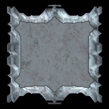 Gelecekçi tasarım şablonu. Metal paslı tabak menüsü. Teknoloji afişi beyaz arkaplanda izole edildi. Bilim kurgu elemanı grafiği. Metalik paslanmış 3 boyutlu illüstrasyon.  