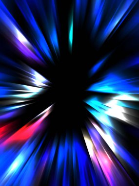 Siyah arkaplanda izole edilmiş dinamik ışık ışınları. Parlayan renkli ışık parçacıklarının grafiksel 2d çizimi.