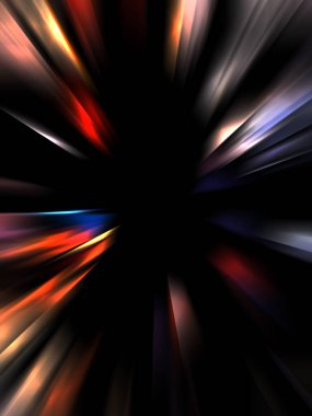 Siyah arkaplanda izole edilmiş dinamik ışık ışınları. Parlayan renkli ışık parçacıklarının grafiksel 2d çizimi.