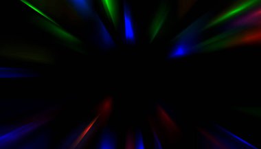 Siyah arkaplanda izole edilmiş dinamik ışık ışınları. Parlayan renkli ışık parçacıklarının grafiksel 2d çizimi.