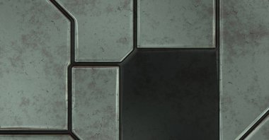 Gelecekçi kavramsal tasarım arka planı. Uzay gemisi desenli duvar kağıdı. Fırçalanmış teknoloji şablonu yüzeyi. Üç boyutlu illüstrasyon. SciFi panelleri duvar.