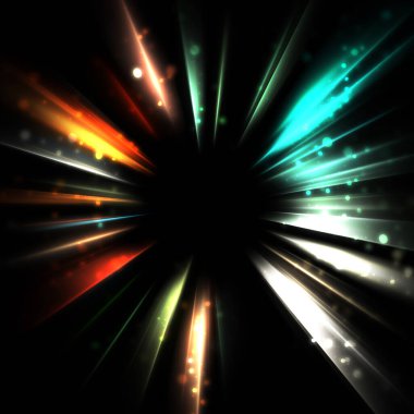 Işık huzmeleri ve parlayan parçacıkların kesiştiği güzel bir zemin. Canlı renkli ışıkların duvar kâğıdı. Parlak ışık görüntüsü.