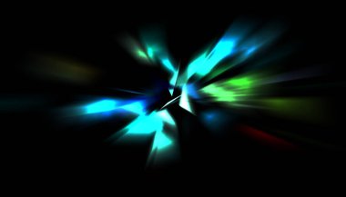 Parlayan ışıkları hareket ettirmenin havalı arka planı. Tasarımınız için canlı renkli bir portal şablonu. Işık ışınları ve hareket halindeki ışıldayan parçacıklar bir solucan deliği şekli oluşturuyor..