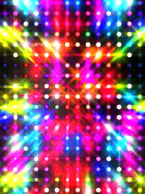 Parlayan ışıklar siyah arka planda parti izleri. Sahne veya stadyum ışıklarının dijital illüstrasyonu. Parlak desenli duvar kağıdı. Sahne ışıkları ile renkli ışıkların ihtişamlı arkaplanı.