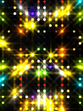 Parlayan ışıklar siyah arka planda parti izleri. Sahne veya stadyum ışıklarının dijital illüstrasyonu. Parlak desenli duvar kağıdı. Sahne ışıkları ile renkli ışıkların ihtişamlı arkaplanı.