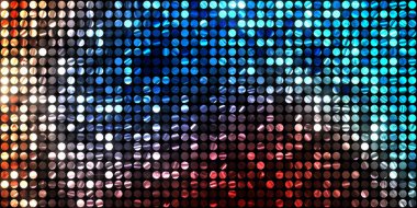 Parlayan ışıklar siyah arka planda parti izleri. Sahne veya stadyum ışıklarının dijital illüstrasyonu. Parlak desenli duvar kağıdı. Sahne ışıkları ile renkli ışıkların ihtişamlı arkaplanı.