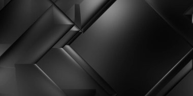 Siyah üç boyutlu geometrik arkaplan. Moda lüks minimalist tasarım. Geometrik şablon. Karanlık elementleri olan birinci sınıf soyut duvar kâğıdı. Poster, broşür, sunum, web sitesi için özel tasarım.