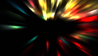 Siyah arkaplanda izole edilmiş dinamik ışık ışınları. Parlayan renkli ışık parçacıklarının grafiksel 2d çizimi.