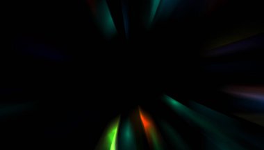 Siyah arkaplanda izole edilmiş dinamik ışık ışınları. Parlayan renkli ışık parçacıklarının grafiksel 2d çizimi.