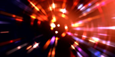 Parlayan ışıkları hareket ettirmenin havalı arka planı. Tasarımınız için canlı renkli bir portal şablonu. Işık ışınları ve hareket halindeki ışıldayan parçacıklar bir solucan deliği şekli oluşturuyor..