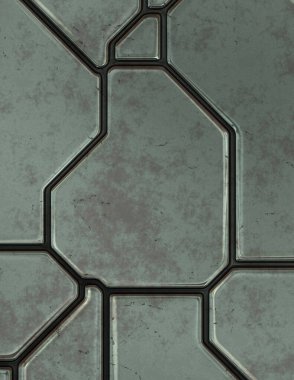 Gelecekçi kavramsal tasarım arka planı. Uzay gemisi desenli duvar kağıdı. Fırçalanmış teknoloji şablonu yüzeyi. Üç boyutlu illüstrasyon. SciFi panelleri duvar.