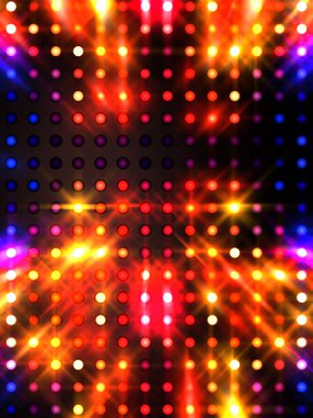 Parlayan ışıklar siyah arka planda parti izleri. Sahne veya stadyum ışıklarının dijital illüstrasyonu. Parlak desenli duvar kağıdı. Sahne ışıkları ile renkli ışıkların ihtişamlı arkaplanı.