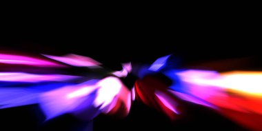 Güzel canlı renklerle enerji patlaması. Siyah arkaplanda izole edilmiş dinamik ışık ışınları. Parlayan renkli ışık parçacıklarının grafiksel 2D çizimi. Parlak tasarım şablonu.