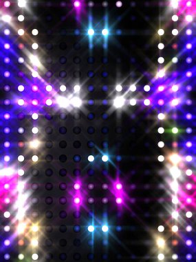 Parlayan ışıklar siyah arka planda parti izleri. Sahne veya stadyum ışıklarının dijital illüstrasyonu. Parlak desenli duvar kağıdı. Sahne ışıkları ile renkli ışıkların ihtişamlı arkaplanı.