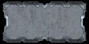 Gelecekçi tasarım şablonu. Metal paslı tabak menüsü. Teknoloji afişi beyaz arkaplanda izole edildi. Bilim kurgu elemanı grafiği. Metalik paslanmış 3 boyutlu illüstrasyon.  