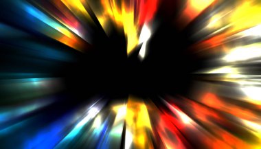Siyah arkaplanda izole edilmiş dinamik ışık ışınları. Parlayan renkli ışık parçacıklarının grafiksel 2d çizimi.