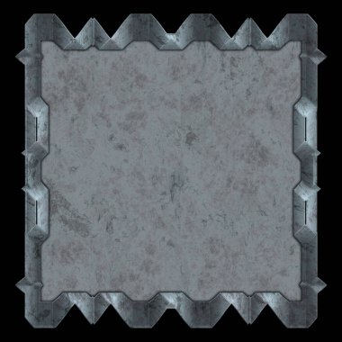 Gelecekçi tasarım şablonu. Metal paslı tabak menüsü. Teknoloji afişi beyaz arkaplanda izole edildi. Bilim kurgu elemanı grafiği. Metalik paslanmış 3 boyutlu illüstrasyon.  