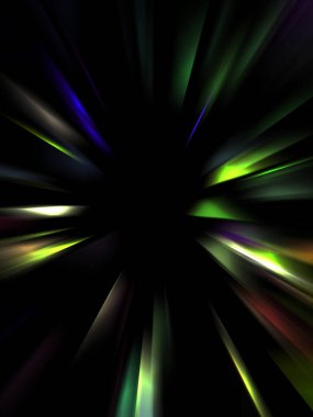 Siyah arkaplanda izole edilmiş dinamik ışık ışınları. Parlayan renkli ışık parçacıklarının grafiksel 2d çizimi.