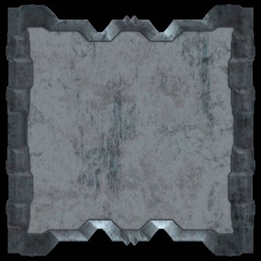 Gelecekçi tasarım şablonu. Metal paslı tabak menüsü. Teknoloji afişi beyaz arkaplanda izole edildi. Bilim kurgu elemanı grafiği. Metalik paslanmış 3 boyutlu illüstrasyon.  