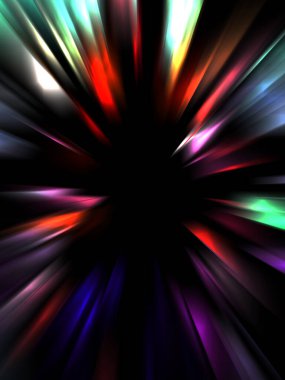 Siyah arkaplanda izole edilmiş dinamik ışık ışınları. Parlayan renkli ışık parçacıklarının grafiksel 2d çizimi.