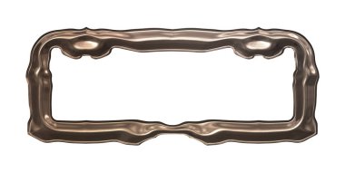 Üç boyutlu metalik illüstrasyon. Beyaz arka planda izole edilmiş fantezi çerçevesi. Davetiyeler, posterler, menü, hatıra defteri ve sunum için mükemmel. Metnin için şablon.