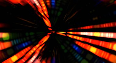 Siyah arkaplanda dönen ışık gösterisi. Lüks çizgiler. Parlak kıvrımlı duvar kağıdı. Uzay tüneli. Dönen ışık çemberi ya da maytap izi. Parlak konsept çizimi.